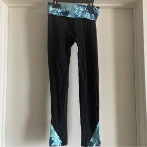 Black/ Sky Blue Fold Over Active Yoga Pilates Leggings -Medium